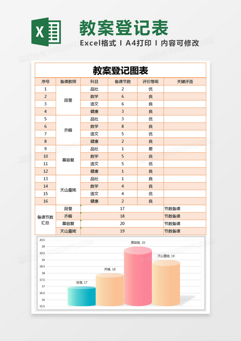 橙色简约教案登记图表excel模版