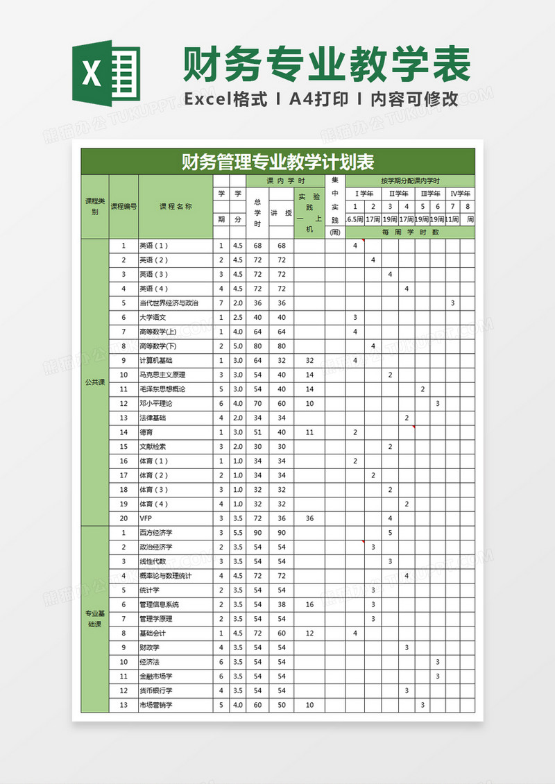 绿色简约财务管理专业教学计划表excel模版