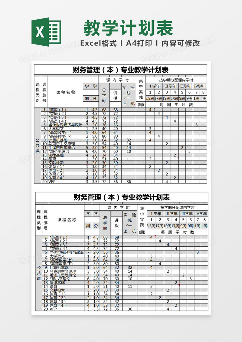 黑色简约财务管理（本）专业教学计划表excel模版