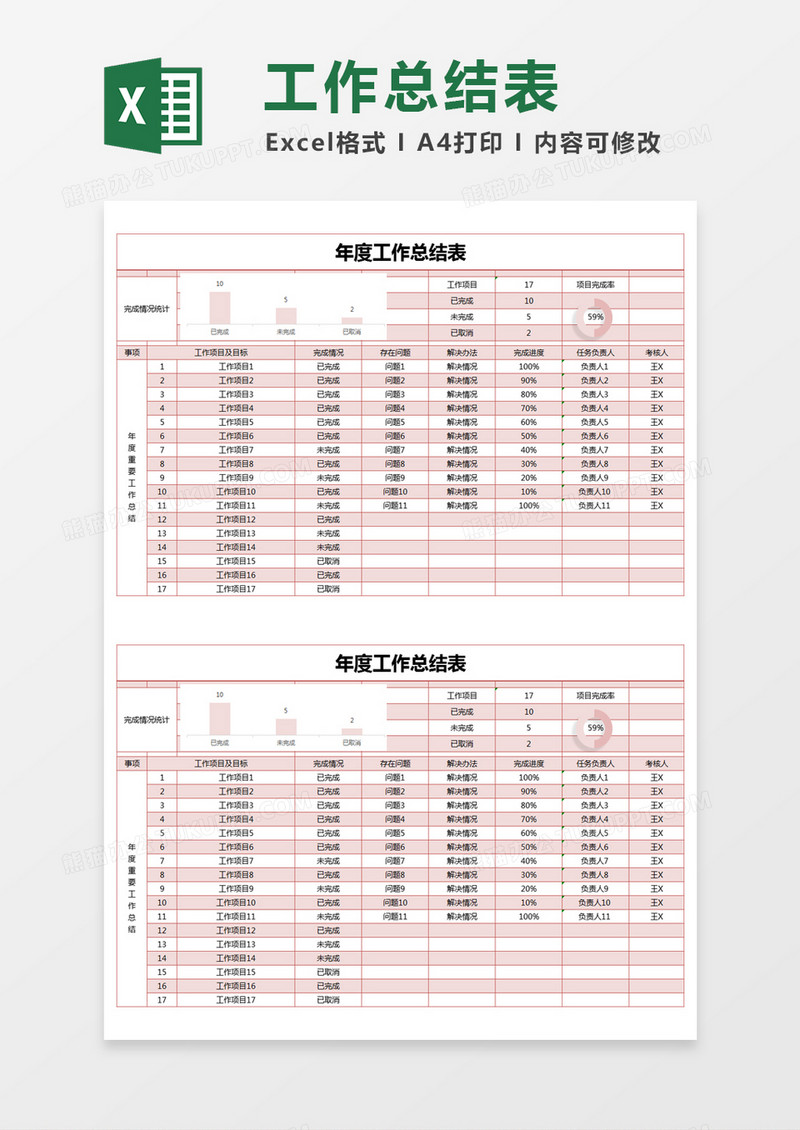 红色简约年度工作总结表excel模版