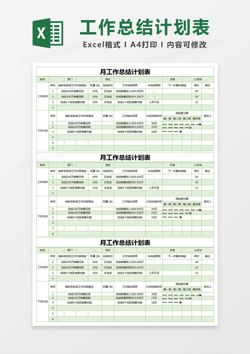 绿色简约月工作总结计划表excel模版