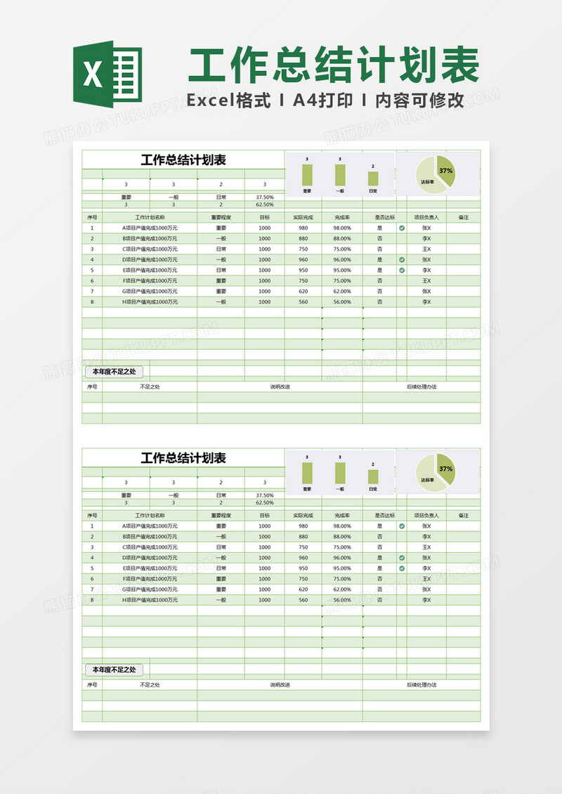 简约绿色工作总结计划表excel模版