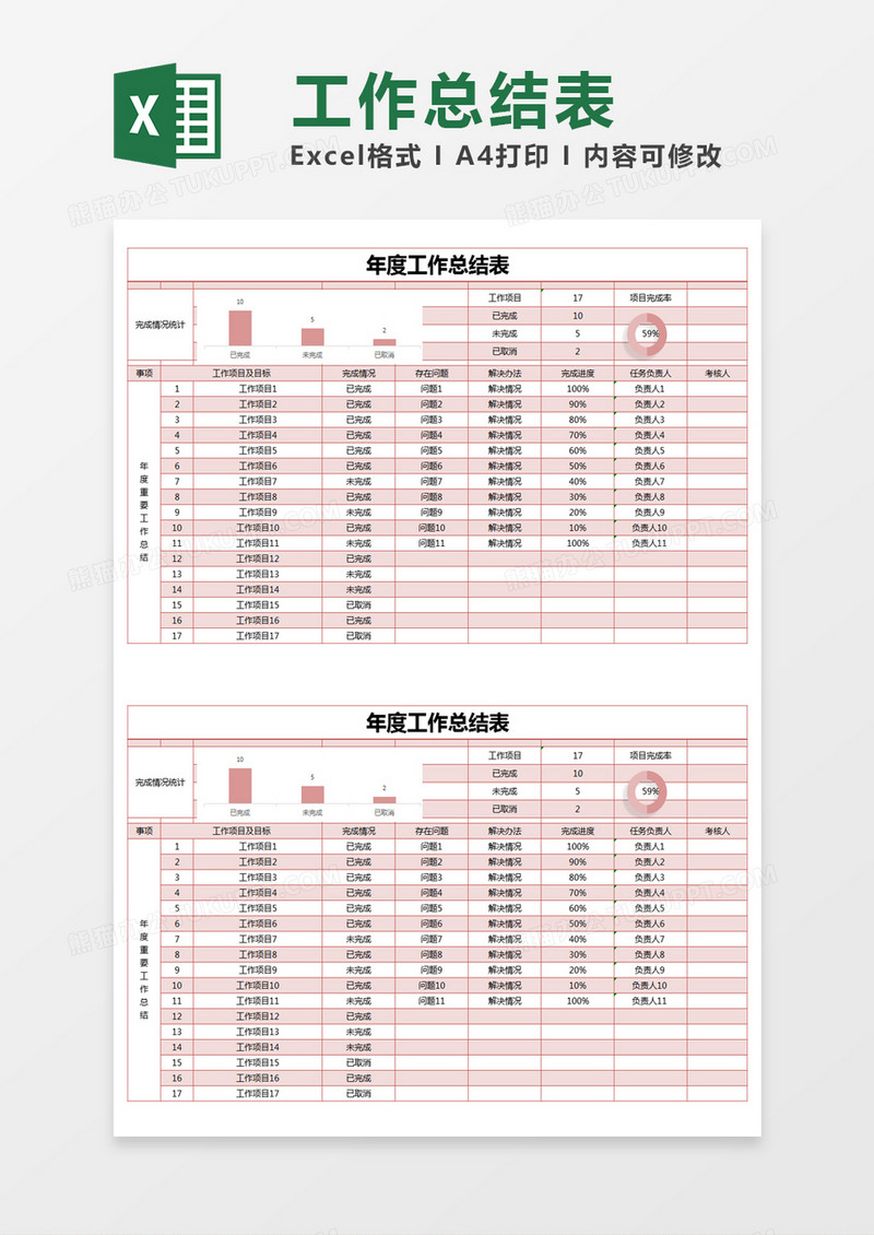 红色简约年度工作总结计划表excel模版