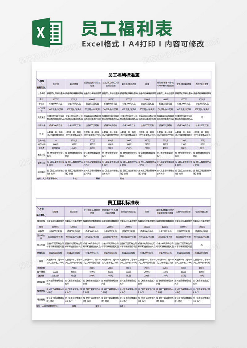 紫色简约员工福利标准表excel模版