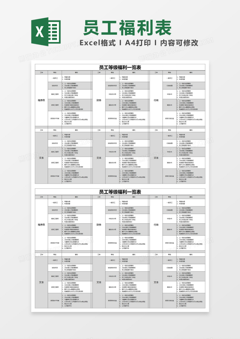 黑色简约员工等级福利一览表excel模版 