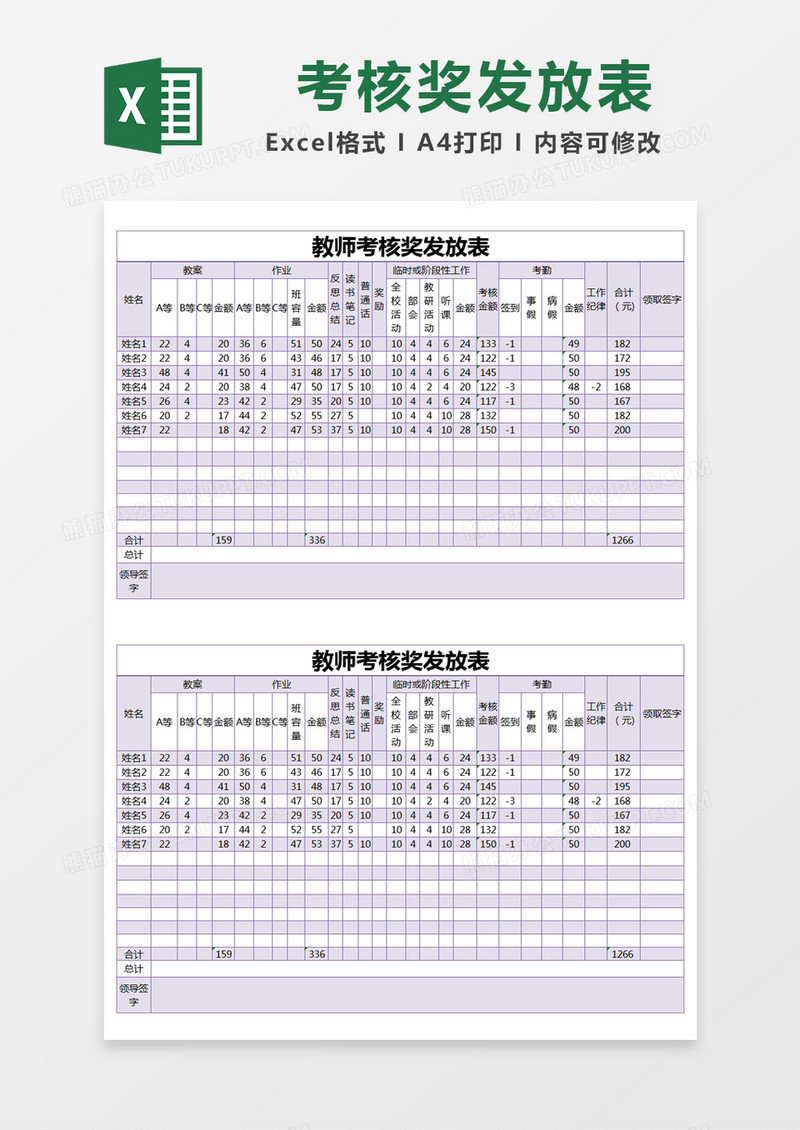 紫色简约教师考核奖发放表excel模版