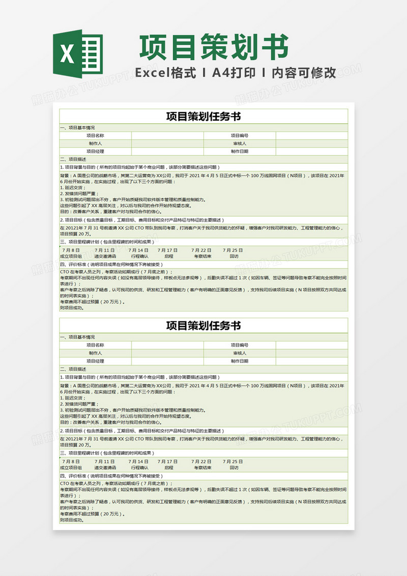 绿色简约项目策划任务书excel模版