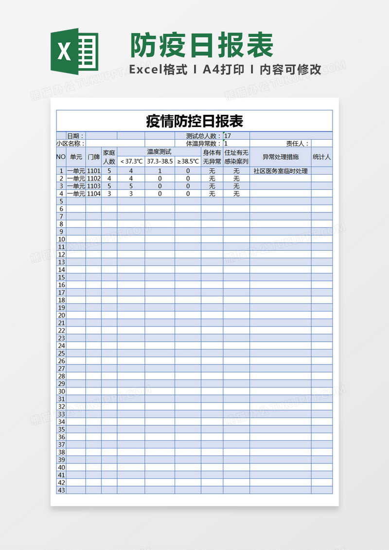 蓝色简约疫情防控日报表excel模版