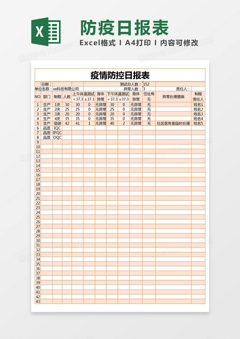 橙色简约疫情防控日报表excel模版