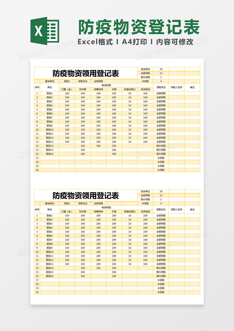 橙色简约防疫物资领用登记表excel模版