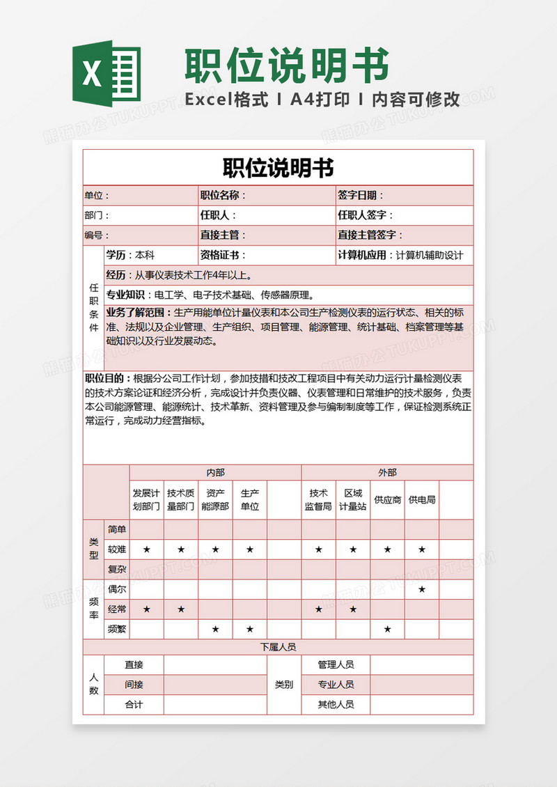 红色简单仪表技术职位说明书excel模版