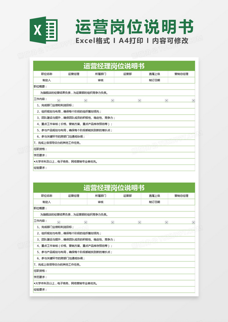 绿色简约运营经理岗位说明书excel模版