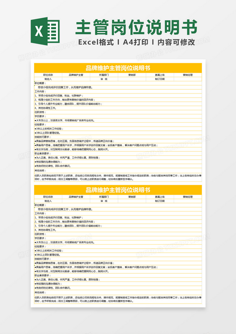 黄色简约品牌维护主管岗位说明书excel模版