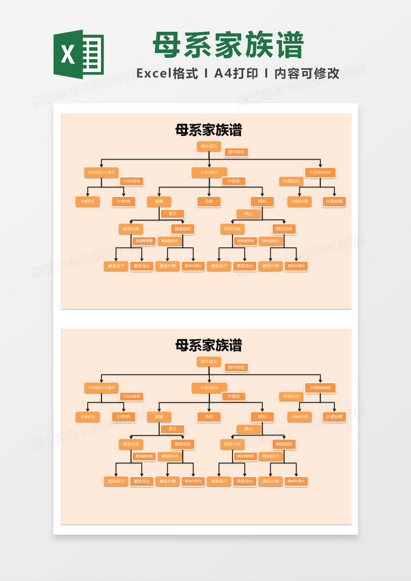 橙色简约母系家族谱excel模版
