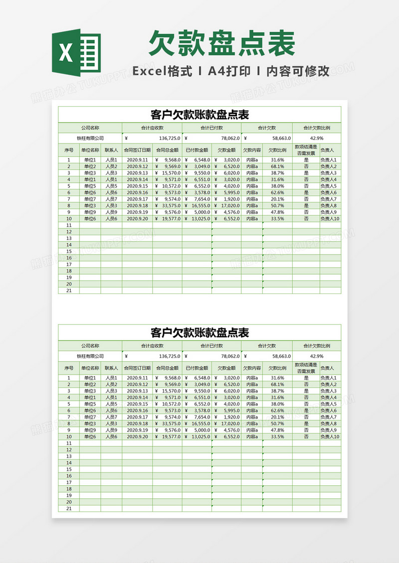 绿色简约客户欠款账款盘点表excel模版