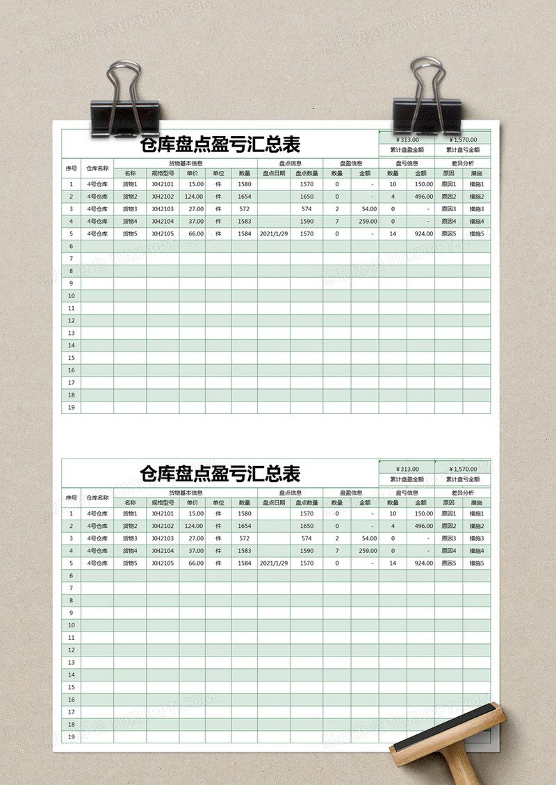 绿色简约仓库盘点盈亏汇总表excel模版