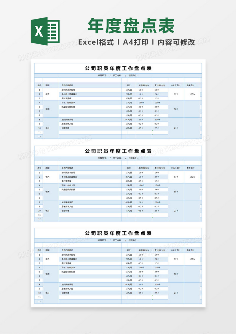 蓝色简约公司职员年度工作盘点表excel模版