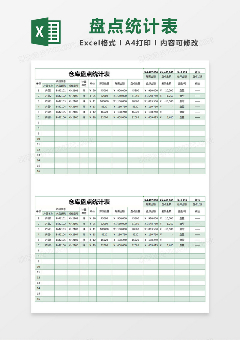 绿色简约仓库盘点统计表excel模版