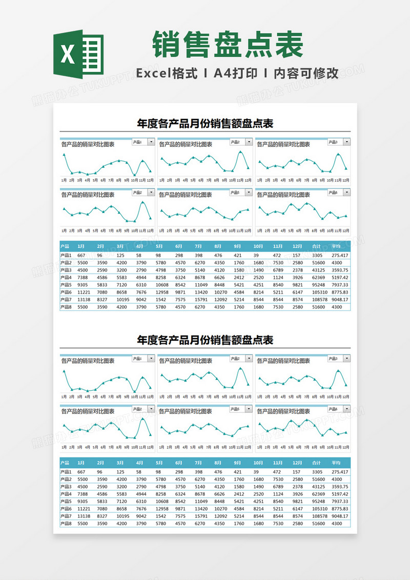 蓝色简约年度各产品月份销售额盘点表excel模版