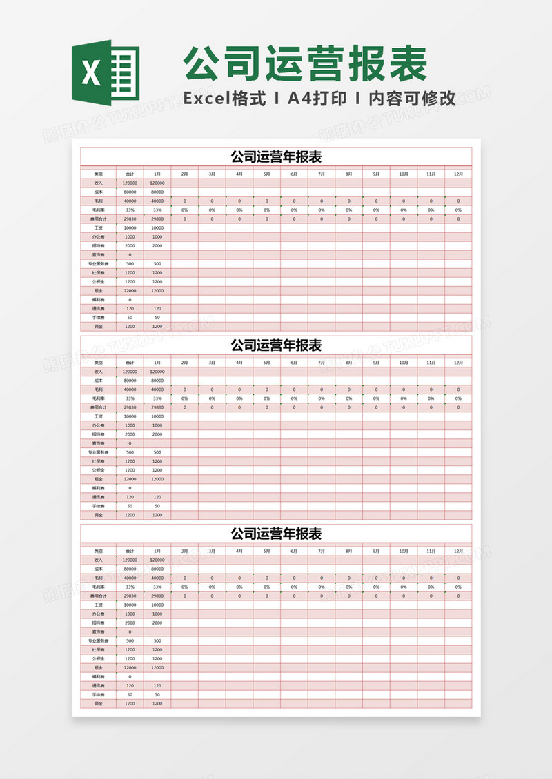 红色简约公司运营年报表excel模版