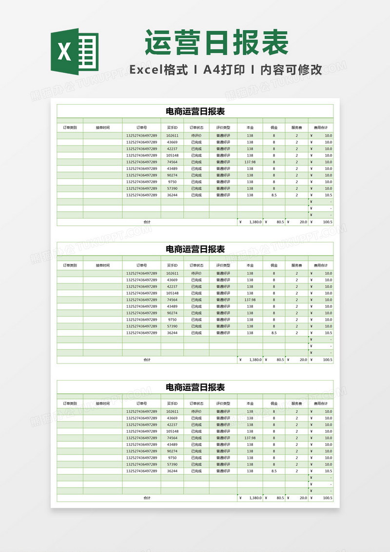 绿色简约电商运营日报表excel模版