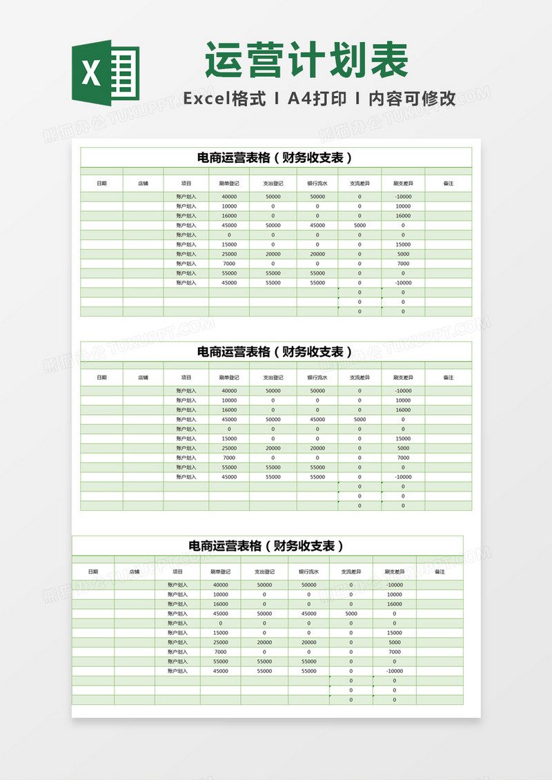 绿色简约电商运营表格（财务收支表）excel模版