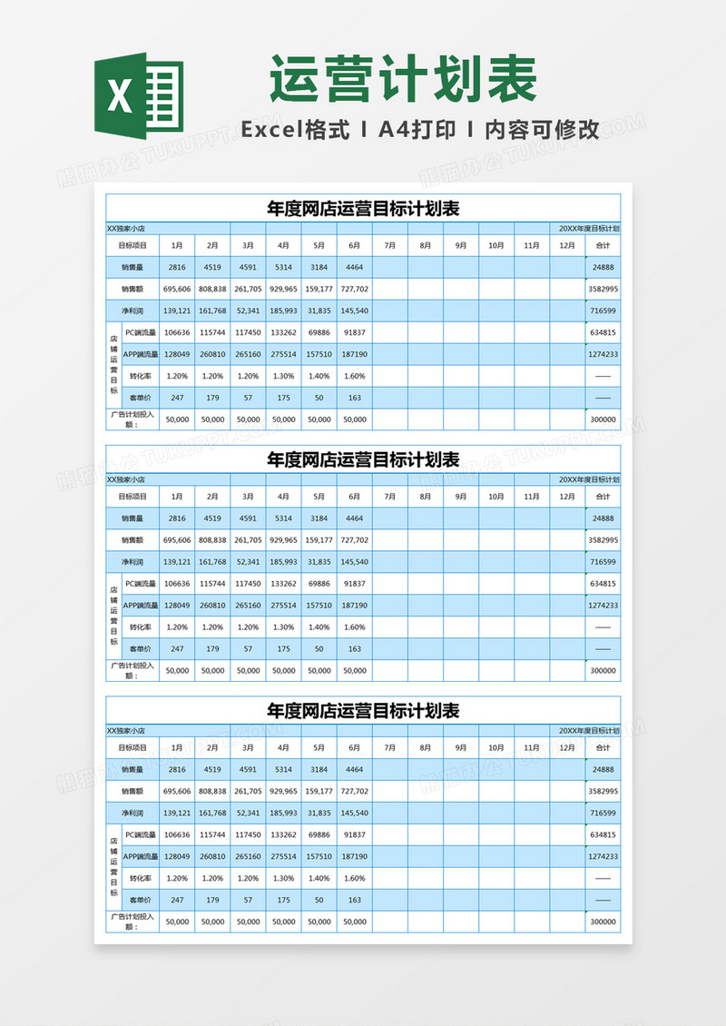 蓝色简约年度网店运营目标计划表excel模版