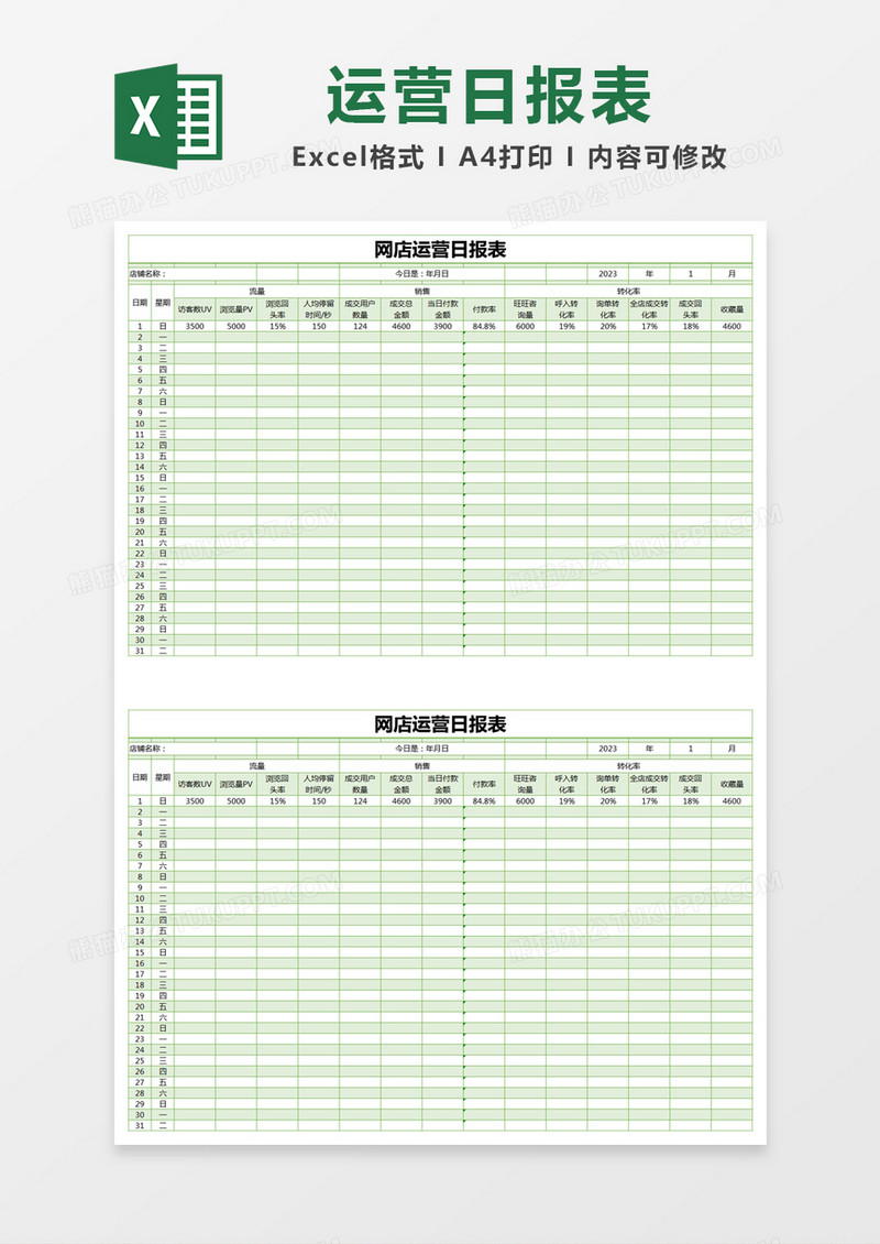 绿色简约网店运营日报表excel模版