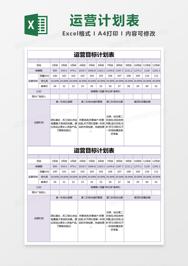 紫色简约运营目标计划表excel模版