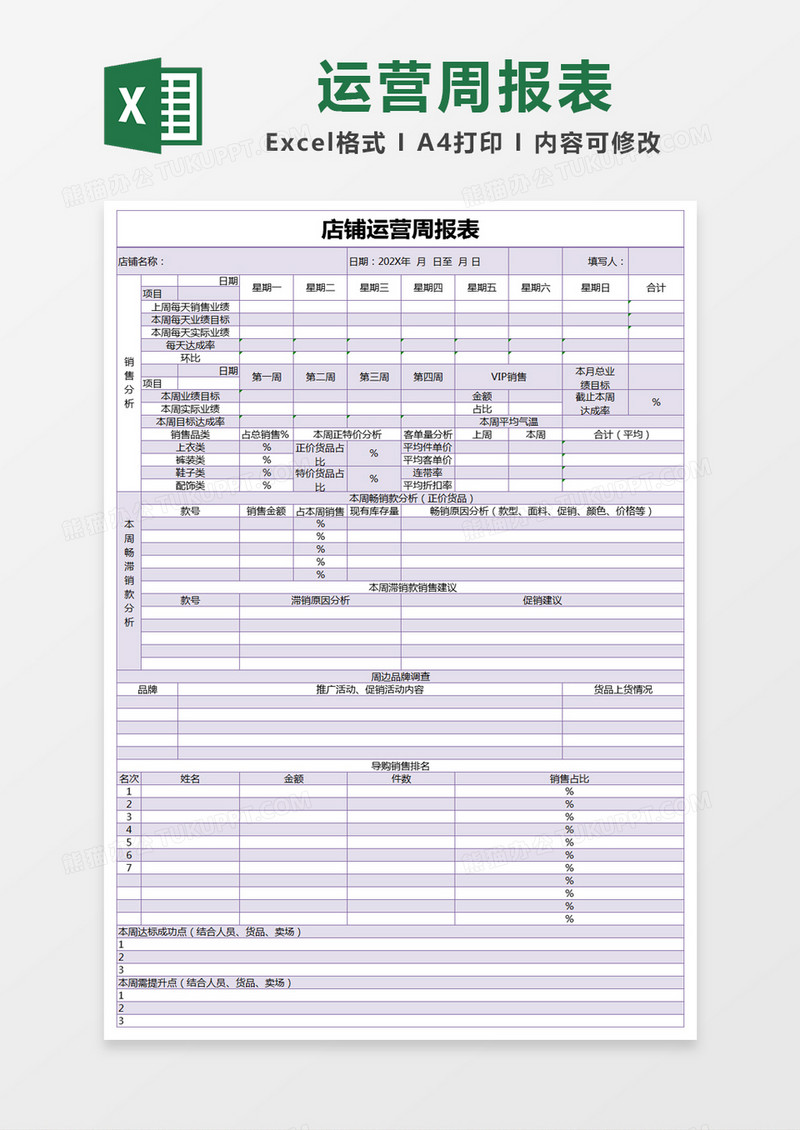 紫色简约店铺运营周报表excel模版