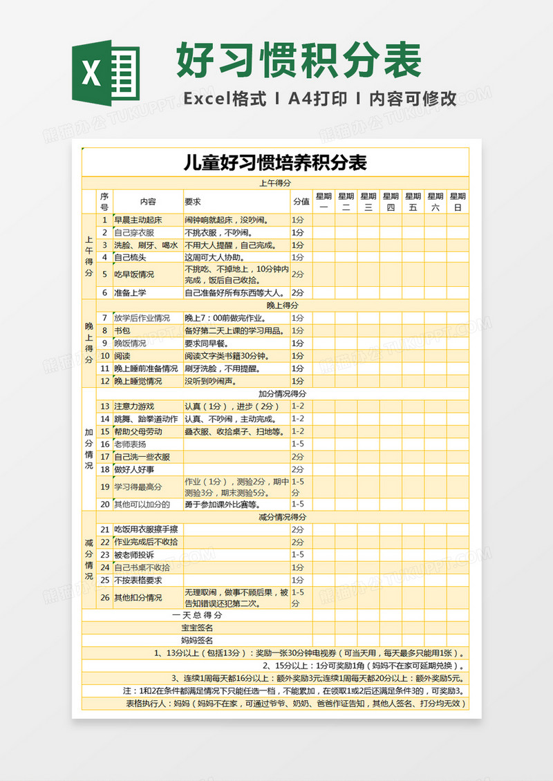 黄色简约儿童好习惯培养积分表excel模版