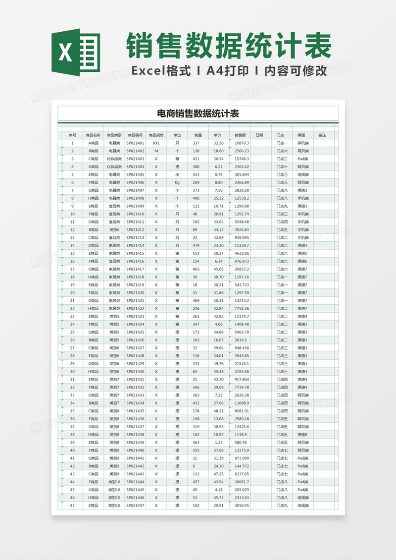 蓝色简约电商销售数据统计表excel模版