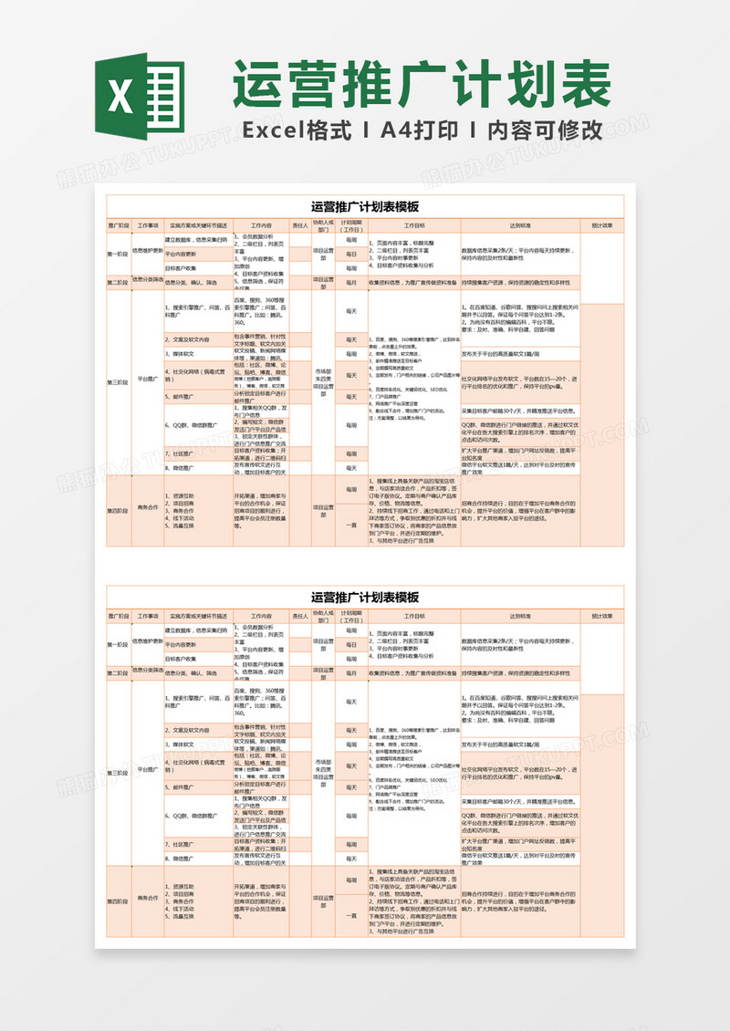 橙色简约运营推广计划表模板excel模版