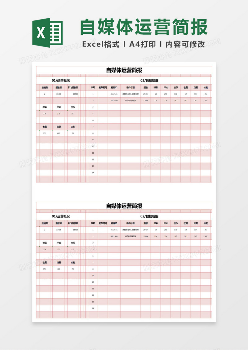 红色简约自媒体运营简报excel模版 