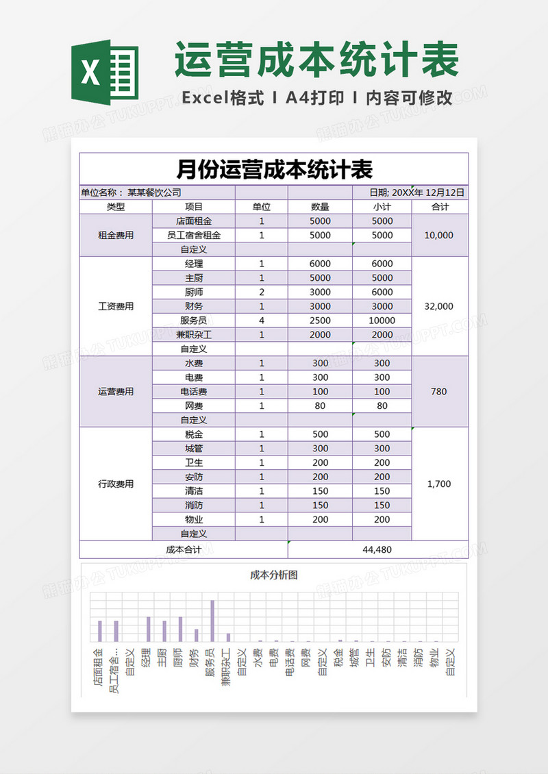 紫色简约月份运营成本统计表excel模版