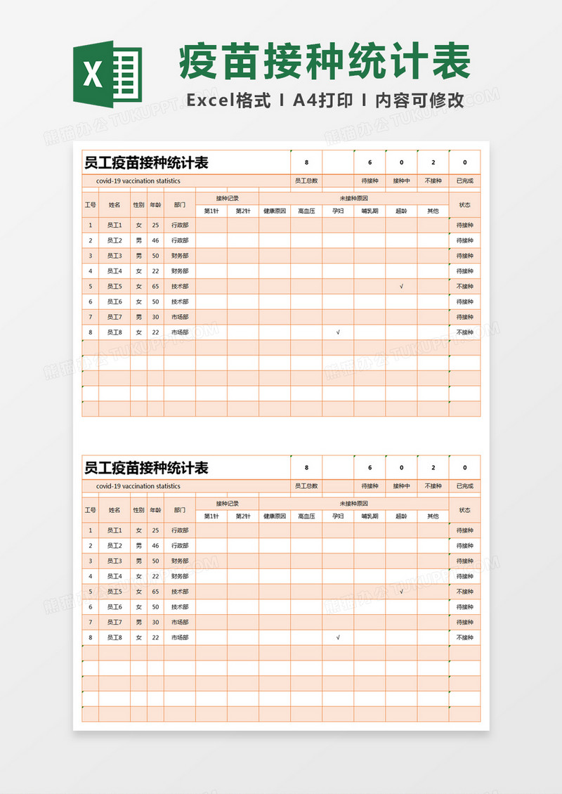 橙色简约员工疫苗接种统计表excel模版