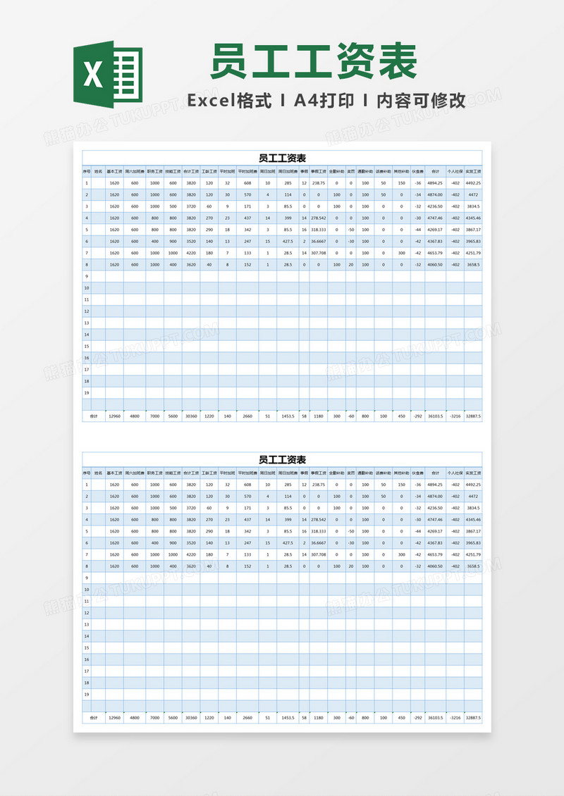 蓝色简约员工工资表excel模版