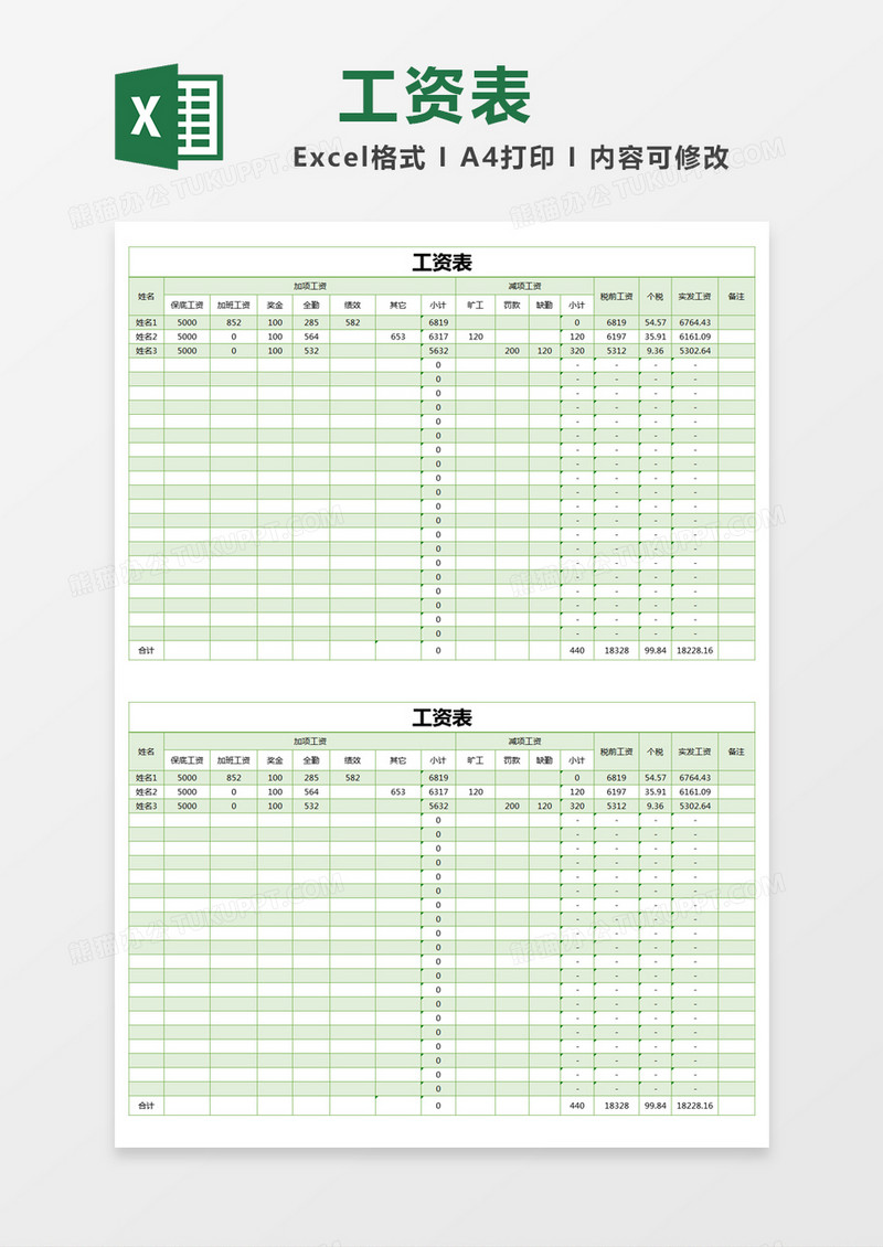 绿色简约工资表excel模版