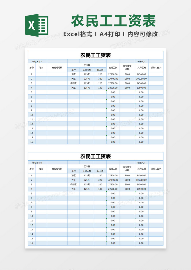 蓝色简约农民工工资表excel模版