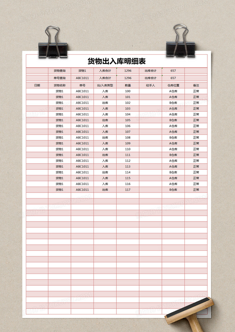 红色简约货物出入库明细表excel模版模板下载_出入库_图客巴巴