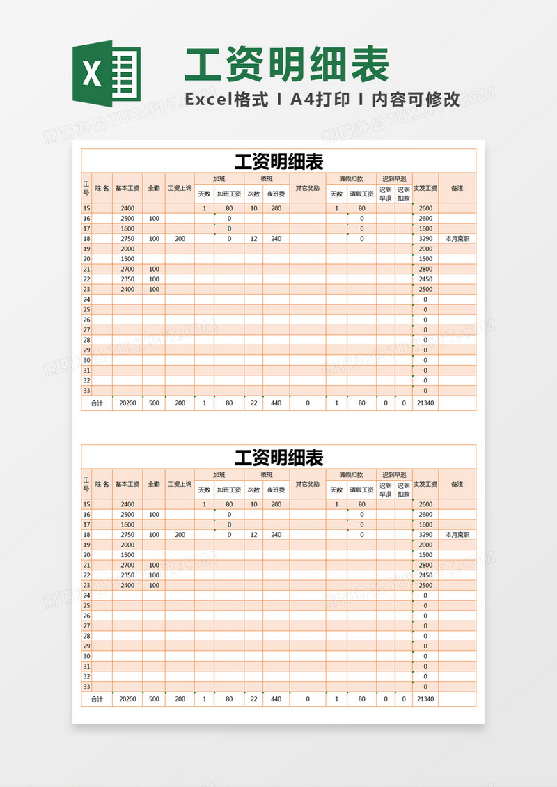 简约员工工资明细表excel模版