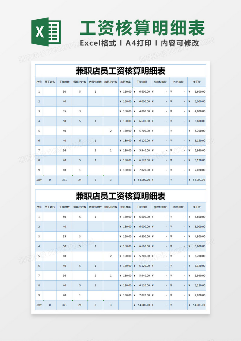 蓝色简约兼职店员工资核算明细表excel模版
