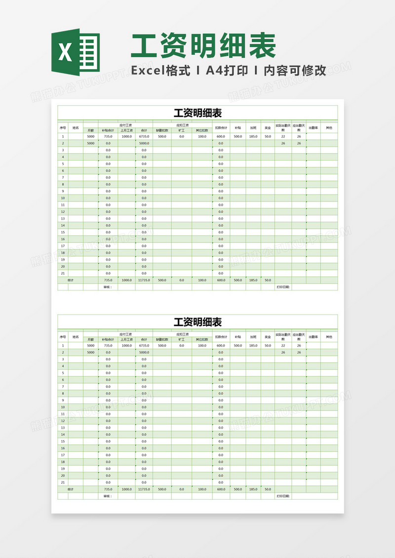 绿色简约公司工资明细表excel模版