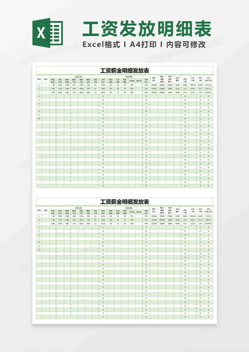 绿色简约工资薪金明细发放表excel模版