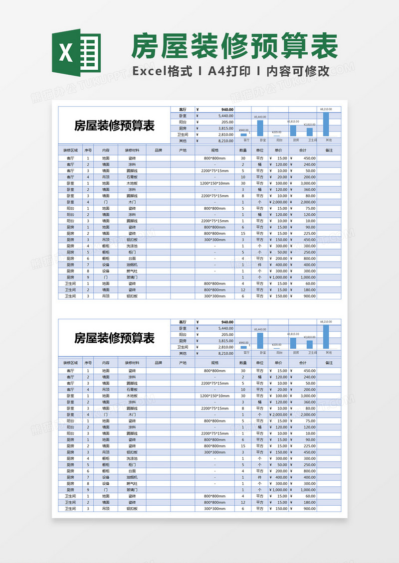 蓝色简约房屋装修预算表excel模版