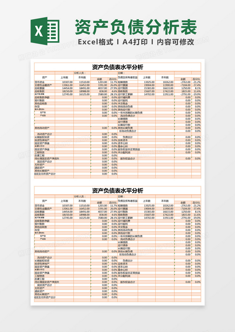 橙色简约资产负债表水平分析excel模版