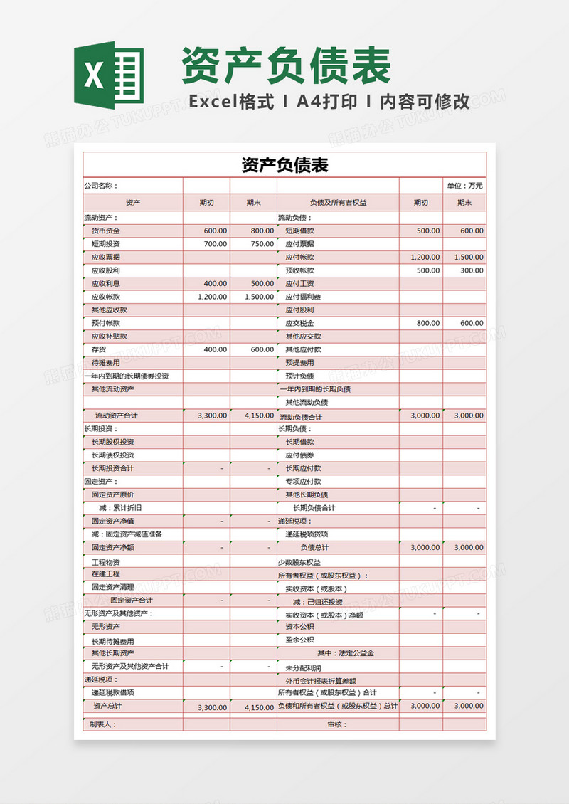 红色简单资产负债表excel模版