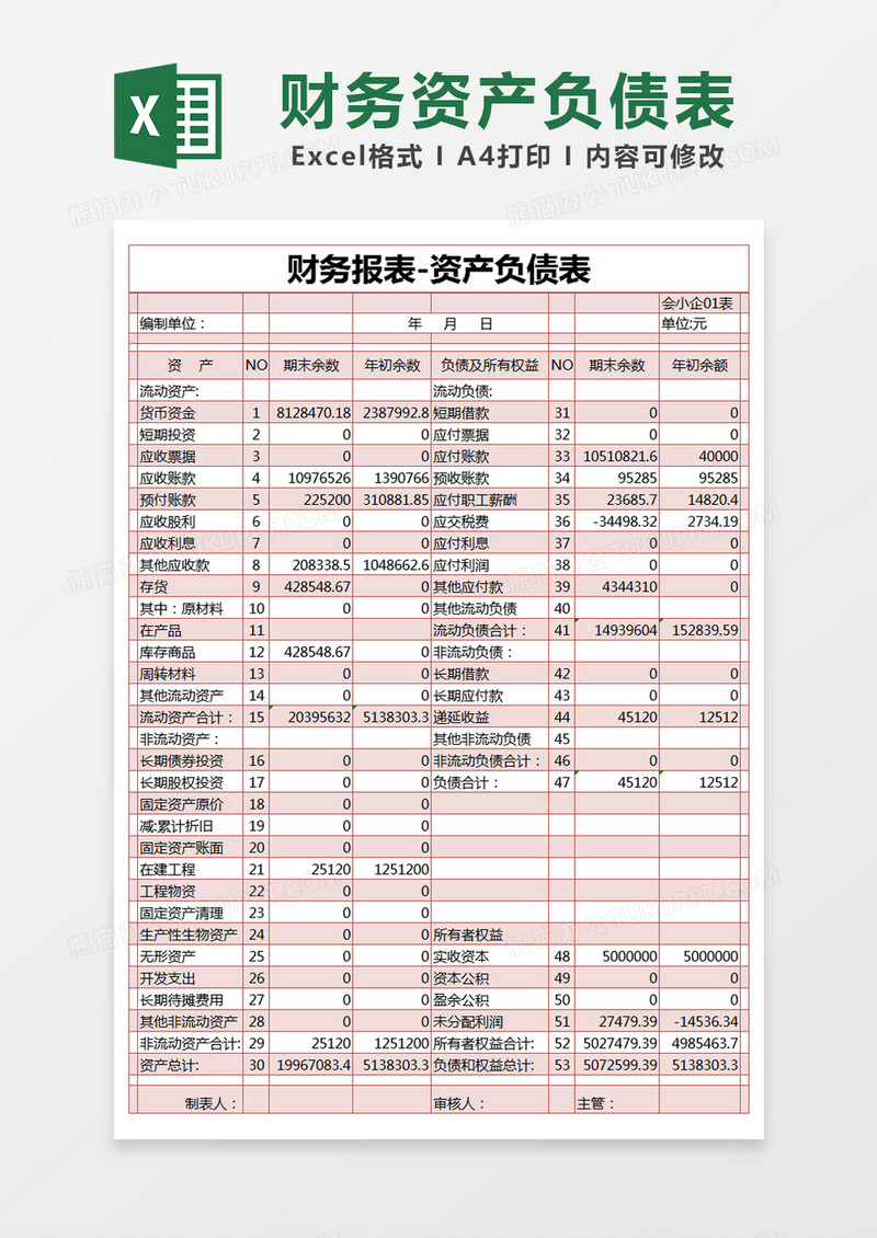 红色简约财务报表资产负债表excel模版