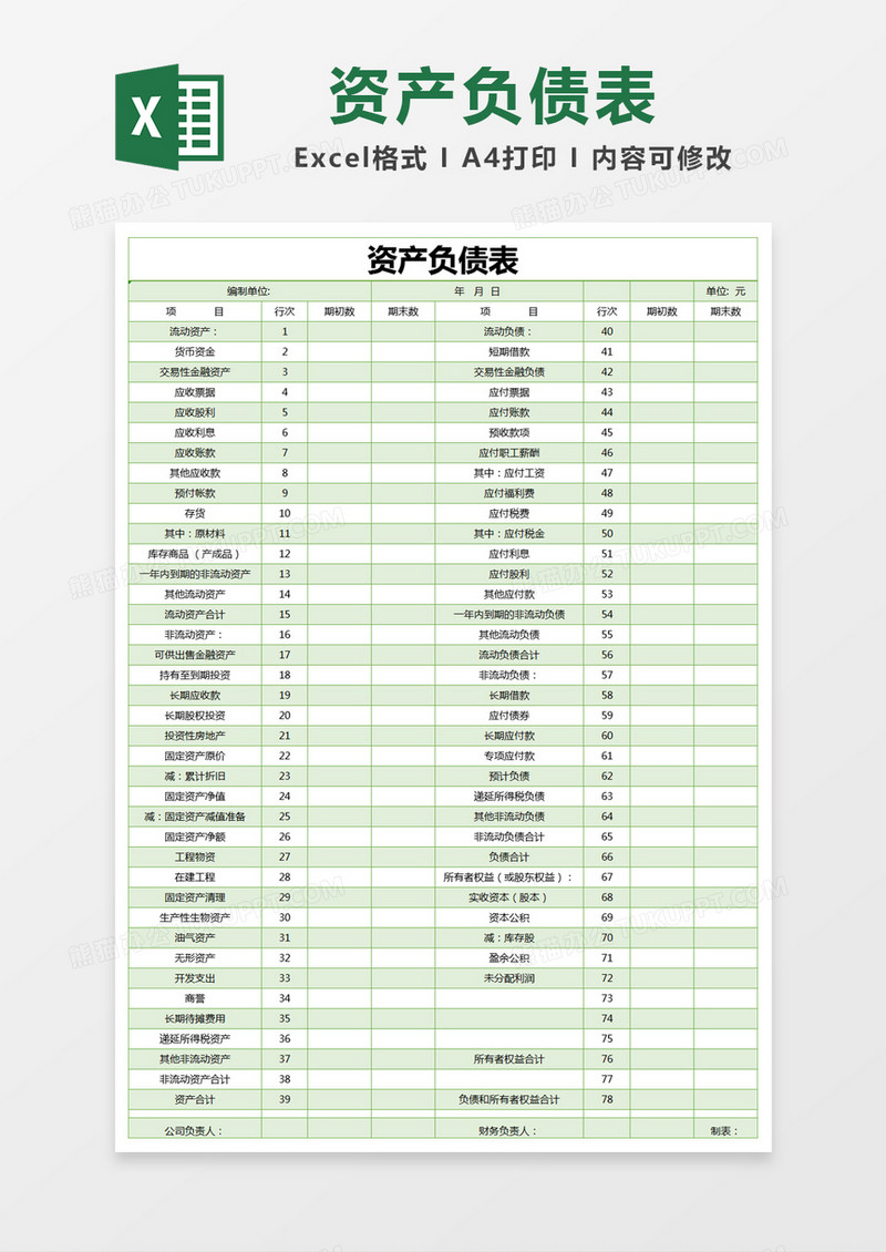 绿色简约部门资产负债表excel模版