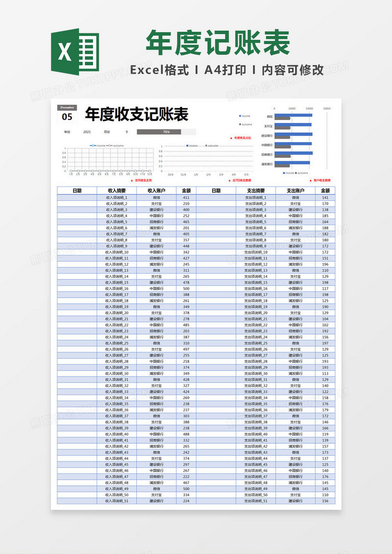 蓝色简约年度收支记账表excel模版